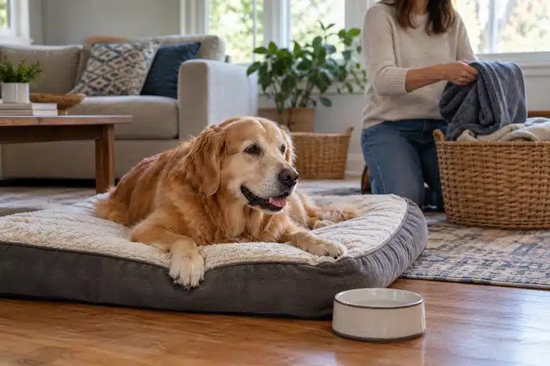 Golden retriever resting on a home recovery bed while an owner folds a blanket