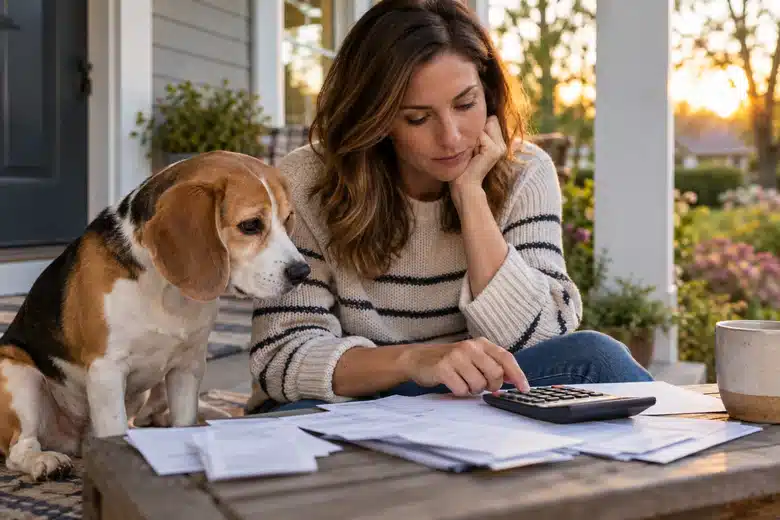 Beagle and owner reviewing a calculator and household papers on a porch