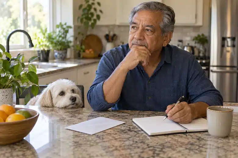 Older man considering a household budget beside a small white dog