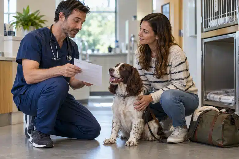 Spaniel and owner at veterinary discharge