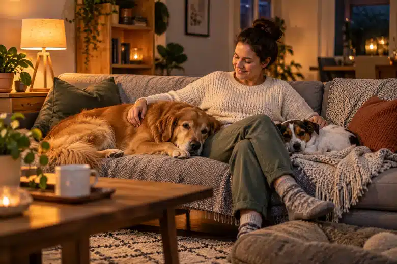 Owner relaxing at home beside a large dog and a small dog
