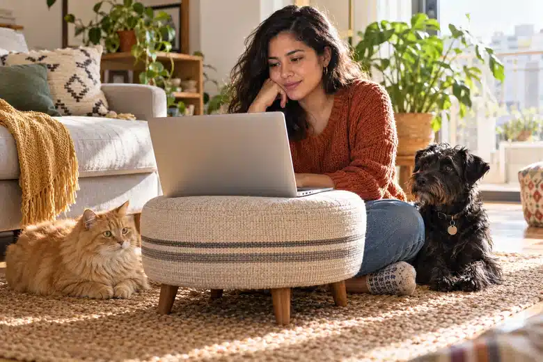 Woman using a laptop at home with a cat and a small dog