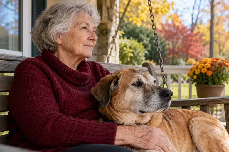 Older woman beside a grey-muzzled dog on a porch swing