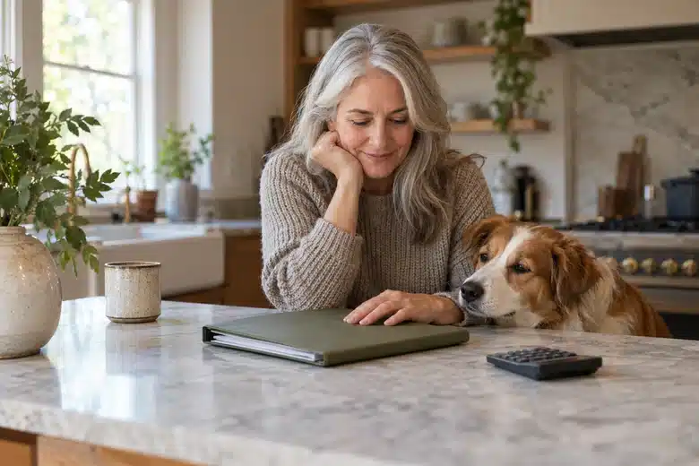 Older pet owner reviewing a household planning folder beside her dog