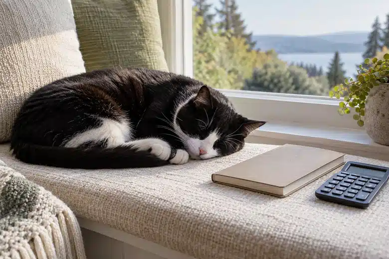 A tuxedo cat rests beside a notebook and calculator on a window seat