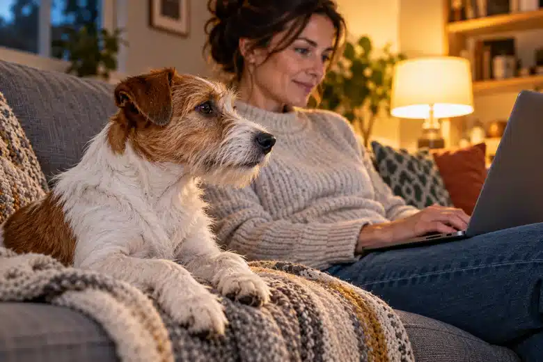 Terrier on sofa beside owner checking laptop