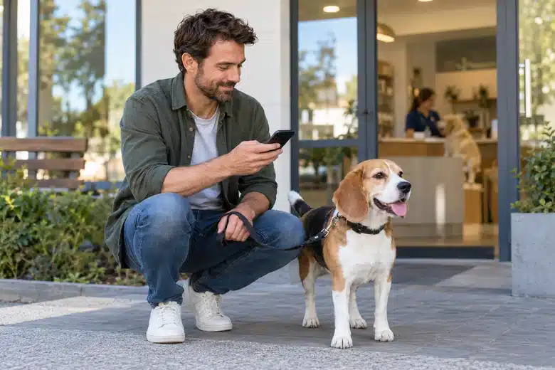 Man holding a phone beside a beagle outside a veterinary clinic