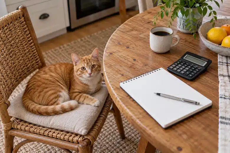 Ginger cat near a calculator and open household notebook