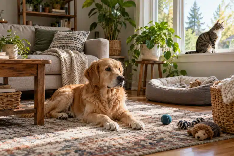 Dog and cat sharing a sunlit living room