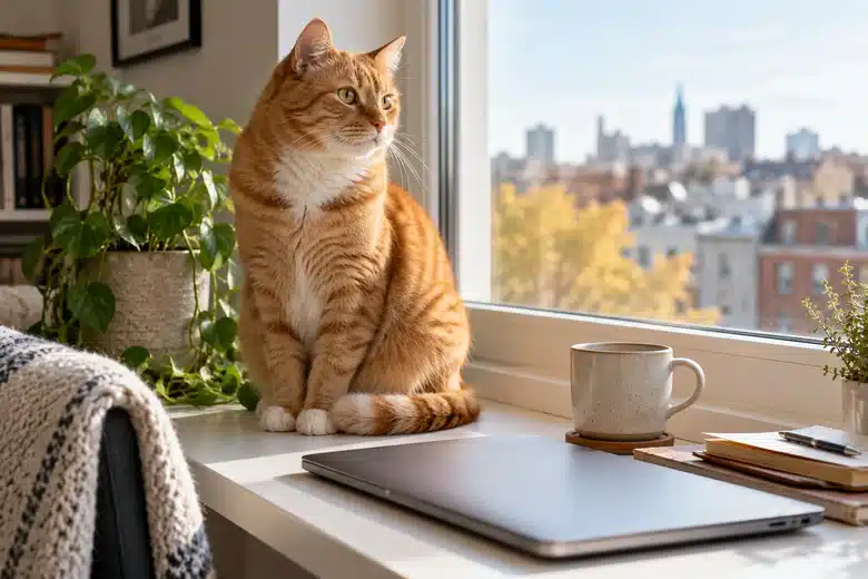 Ginger cat beside a closed laptop on a windowsill