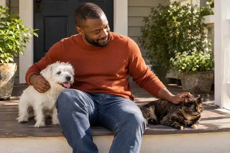 Man sitting on a sunny porch with a small white dog and a tortoiseshell cat