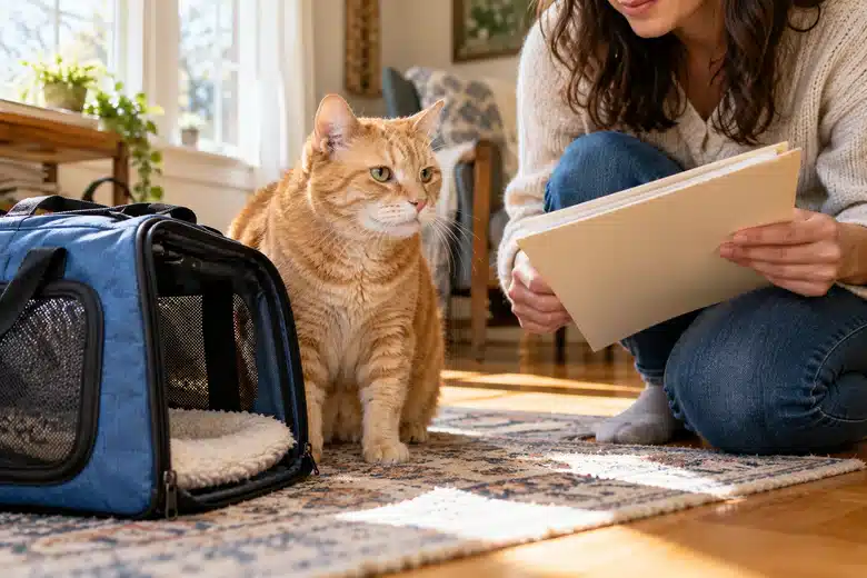 Orange cat and carrier beside an owner holding a folder
