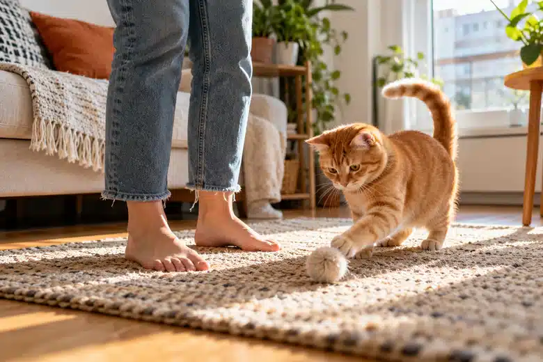 Orange domestic shorthair cat playing beside an owner’s feet in a sunlit apartment