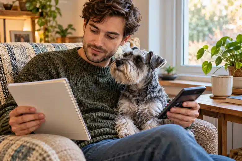 Owner with schnauzer, calculator and plain notebook
