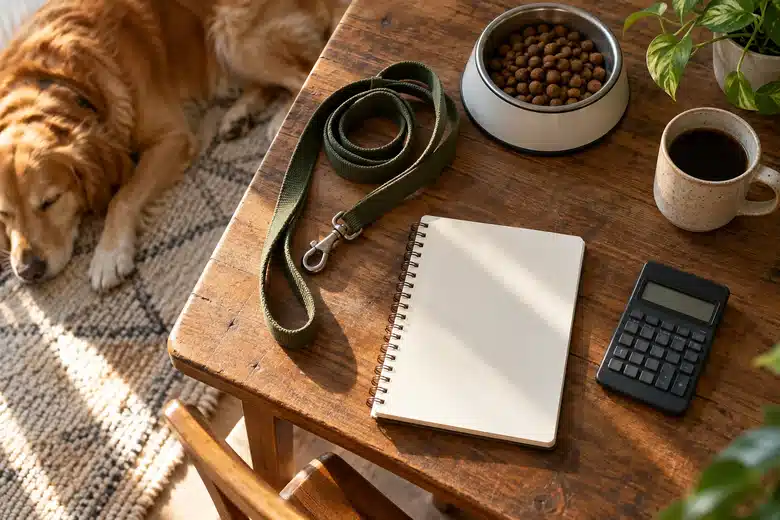 Dog resting near a leash calculator and blank household budgeting notebook