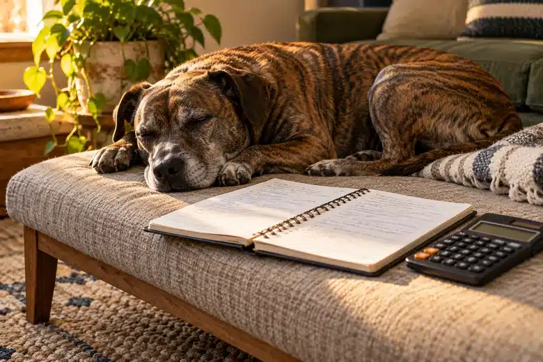 Brindle dog resting beside a household notebook and calculator