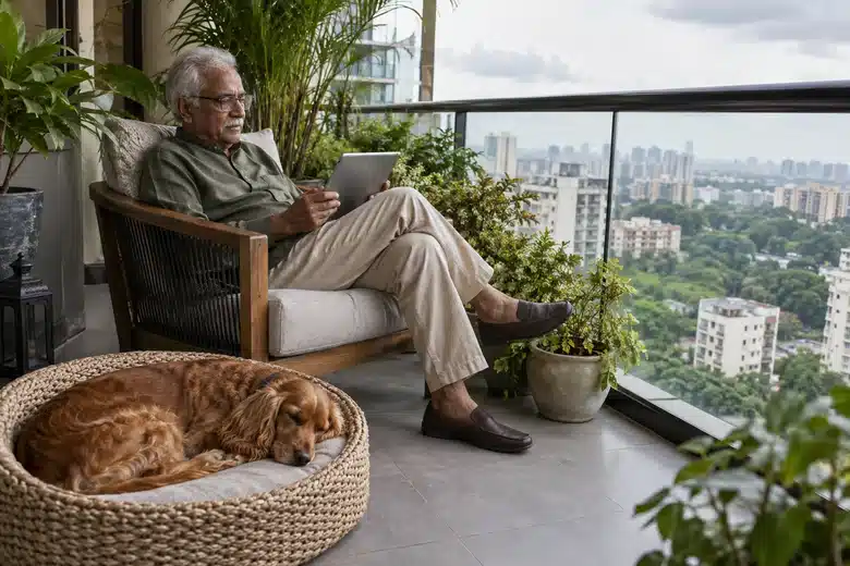 Older man using a tablet on a balcony while a reddish spaniel sleeps in a woven bed