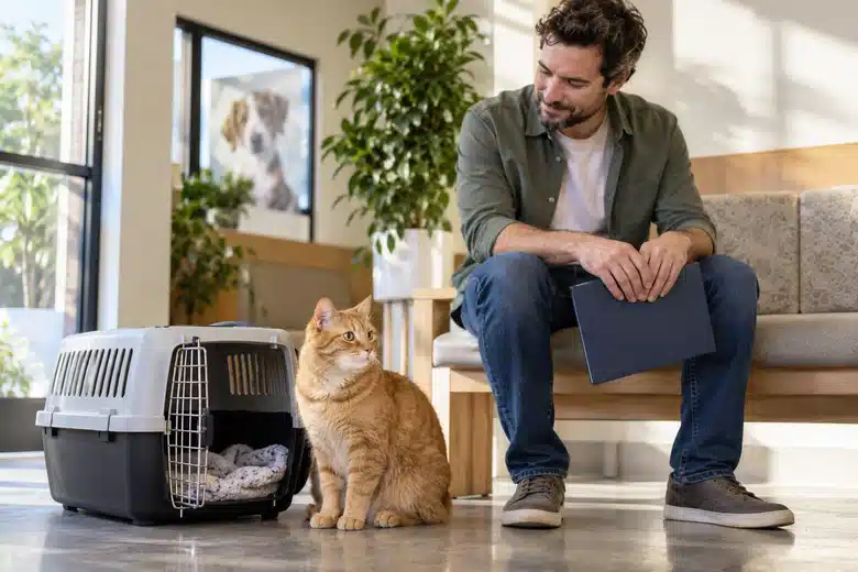 Ginger cat beside an open carrier with its owner seated in a veterinary waiting area