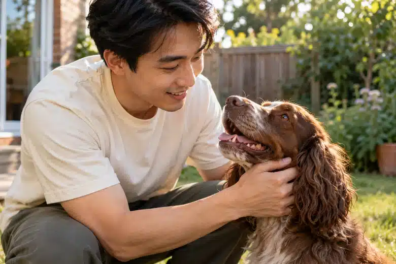 Man in a plain cream shirt enjoying a backyard moment with a brown spaniel