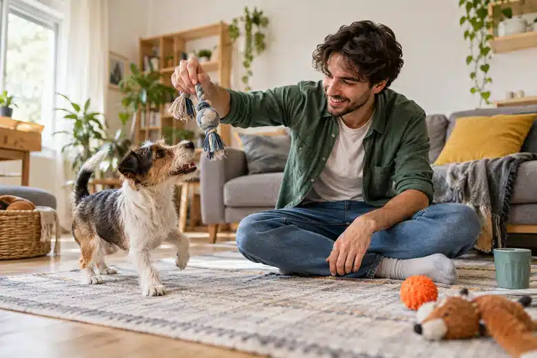 Owner playing with a small dog in an ordinary living room