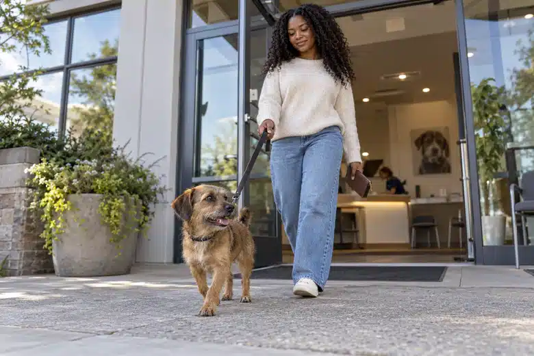 Owner with a small dog outside a veterinary practice