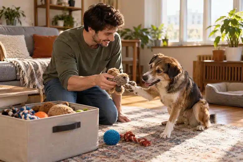 Man playing with a mixed-breed dog beside a box of pet toys in an apartment