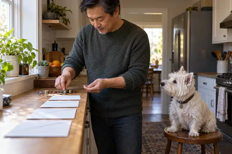 Man setting aside coins and envelopes beside a small white dog in a kitchen