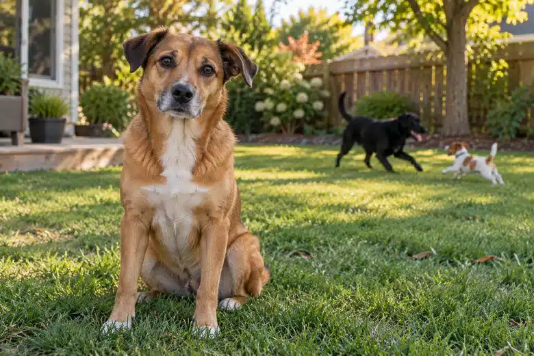 Mixed-breed dog in a backyard with other dogs in the distant background