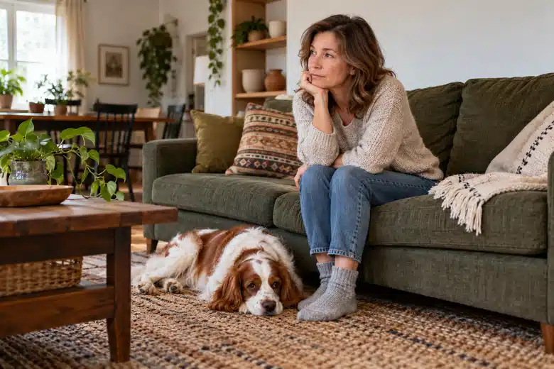 Chestnut-and-white spaniel resting on a rug near a woman seated on a green sofa