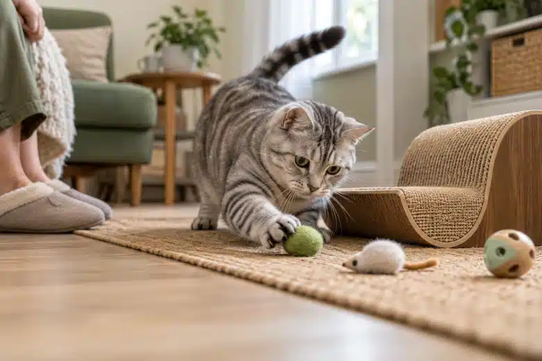Tabby cat playing with modest household enrichment