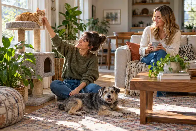 Two women at home with a ginger cat and a small mixed-breed dog