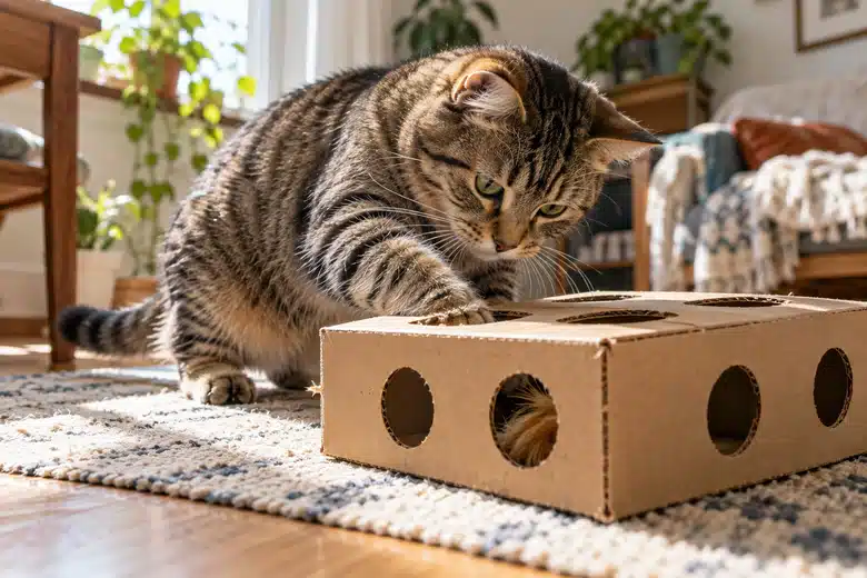 Tabby cat playing with a cardboard enrichment box at home