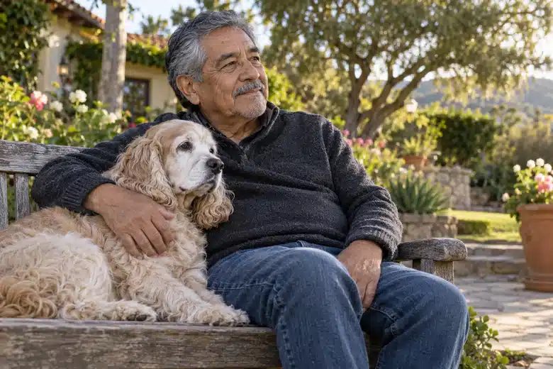 Older owner with an elderly cream-colored spaniel on a garden bench