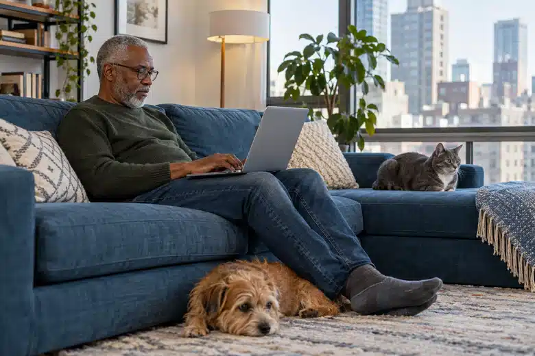 Older man using a laptop on a blue sofa with a terrier at his feet and a grey cat beside him