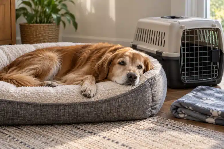 Dog resting beside a carrier in a home recovery space