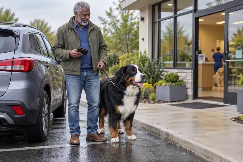 Owner and large dog preparing for a veterinary visit