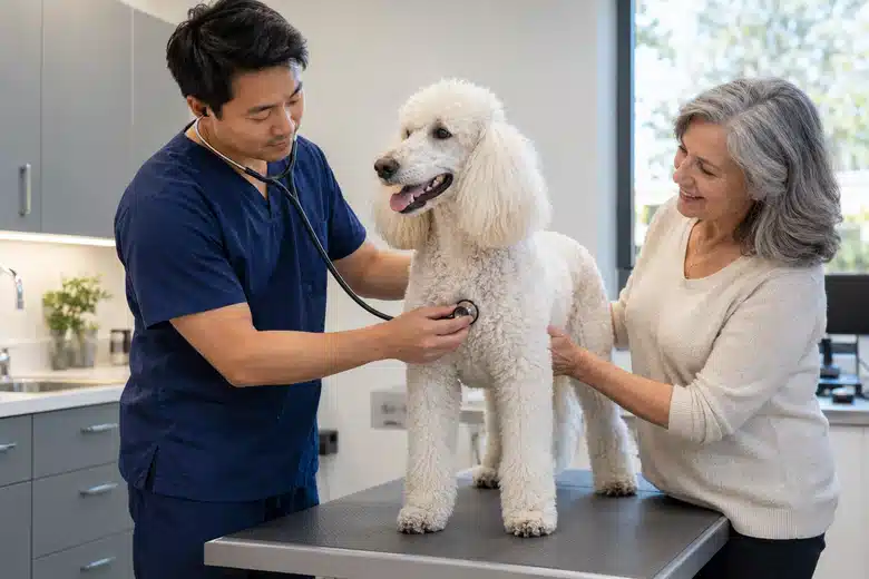 Veterinarian examining a white poodle beside its owner