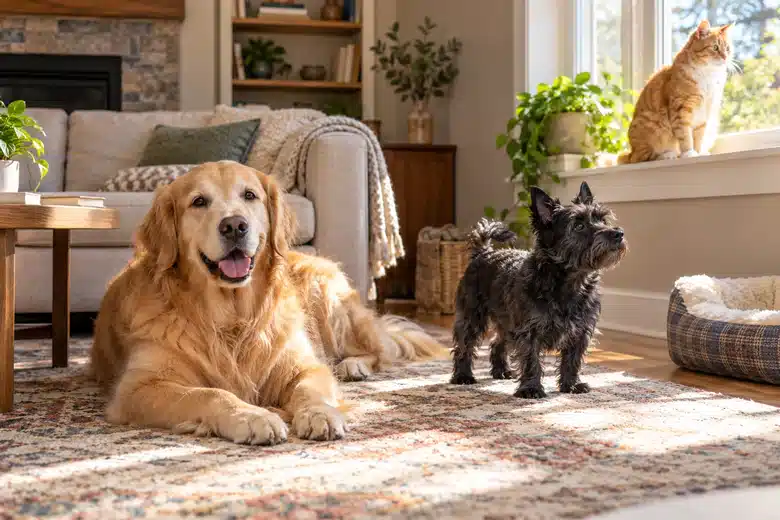 Two different dogs and an orange cat in a sunlit home