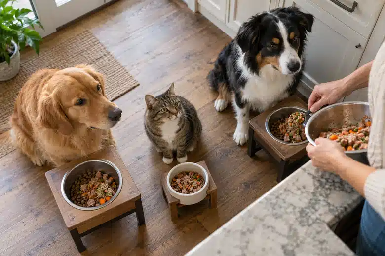 Two dogs and a cat wait at separate feeding stations.