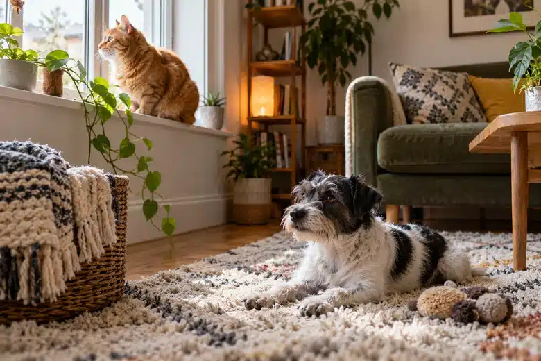Orange cat on a window ledge above a small black and white dog on a rug