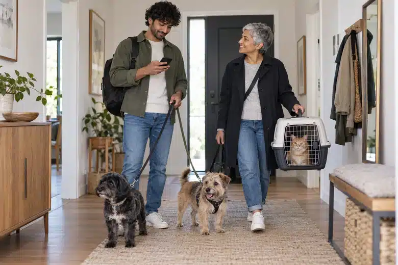 Two adults preparing to leave an apartment with two dogs and a ginger cat in a carrier