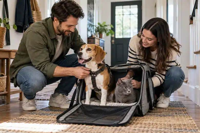 Two owners preparing a beagle and a grey cat in an open carrier in a bright hallway
