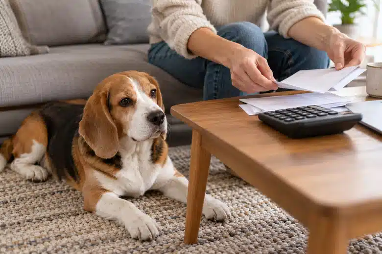 Beagle resting near an owner reviewing blank bills and a calculator