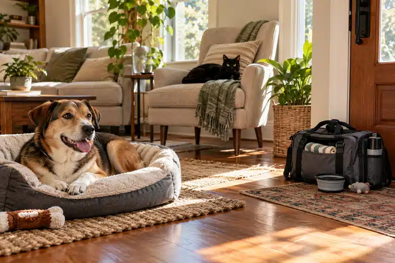 Dog and cat resting at home beside an emergency travel bag