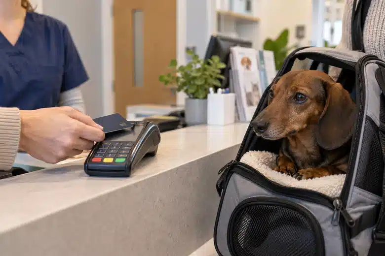 Card payment terminal beside a dachshund resting in a carrier