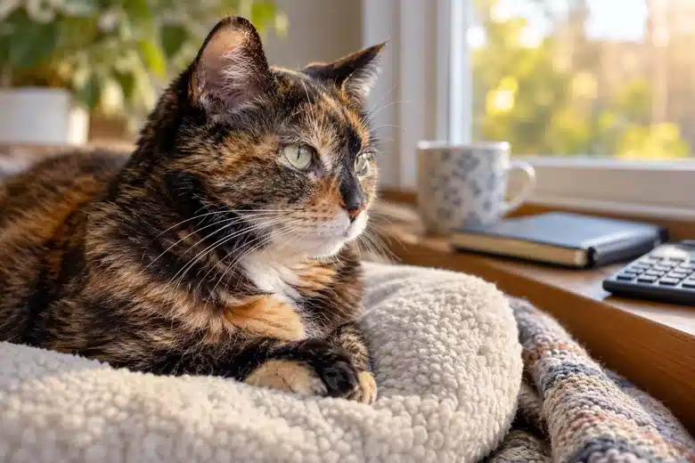 Senior tortoiseshell cat resting on a cushion near a sunlit window