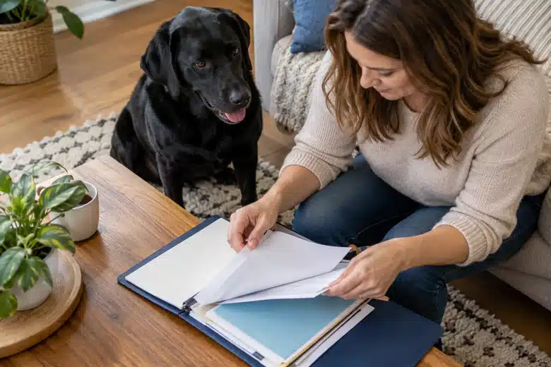 Owner organizing a folder beside a black Labrador at home