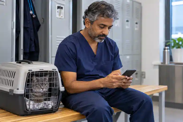 Man in navy veterinary scrubs using a phone beside a grey cat in a carrier in a staff changing area