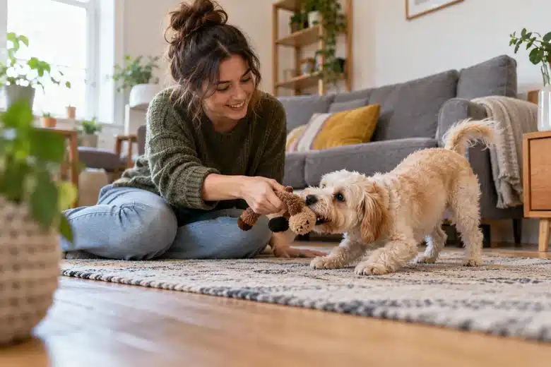 Owner playing with a small cream dog in a bright apartment