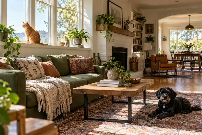 Cat on a window ledge and dog on a rug in a sunny home